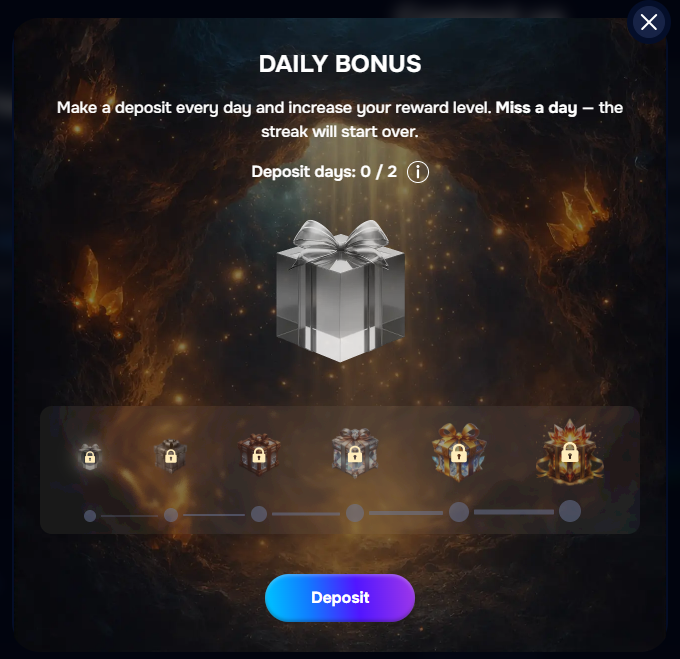 Wizardo online casino daily rewards for consecutive deposits and bonuses.