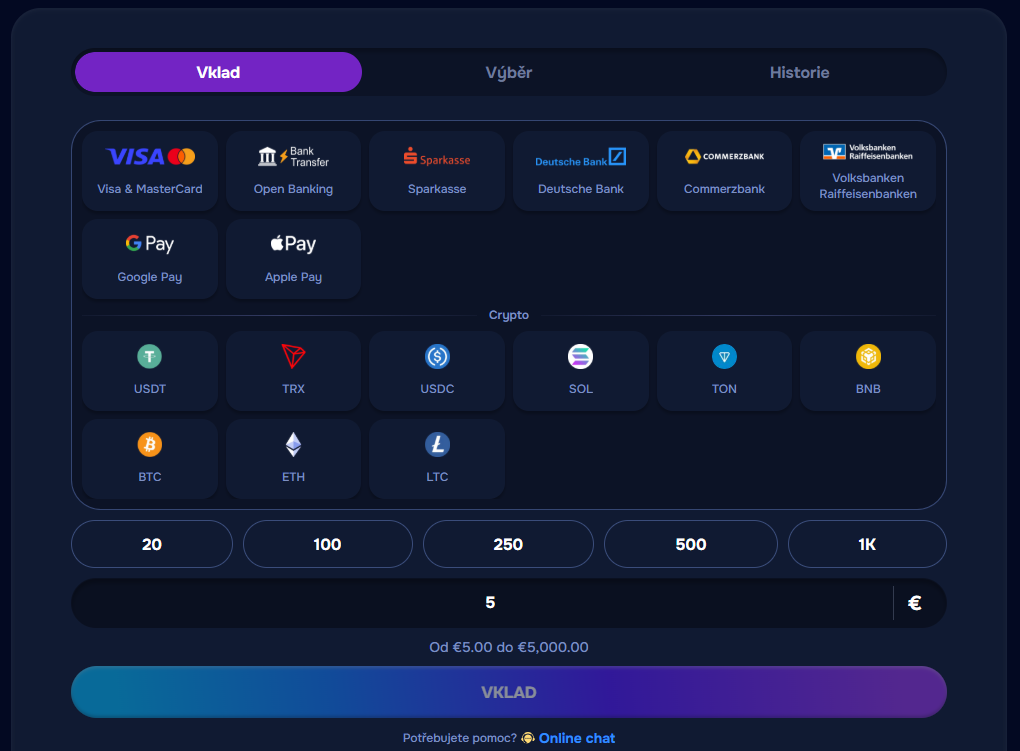 Rozhraní vkladů sloty € částky jezdec bonusy chat Wizardo.