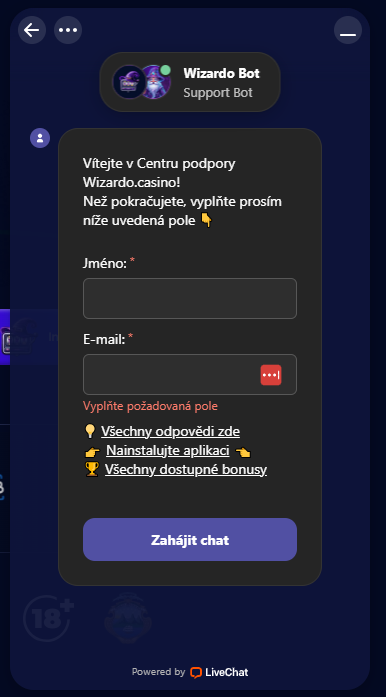 Podpora chat kasino Wizardo vyplň jméno email start chat.