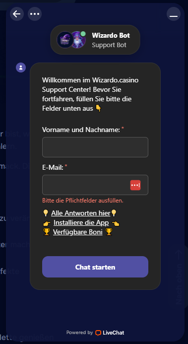 Support-Chat Casino Wizardo Formular Name E-Mail Start Chat.