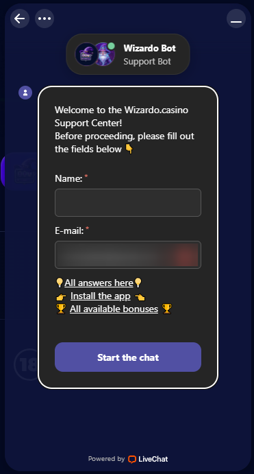 Wizardo casino live chat support bot welcome screen.